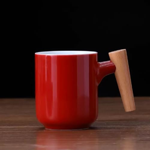 MAGICVOGEL Keramik Kaffeetasse mit Holzgriff,320ml Teebecher Milchbecher Teetasse Kaffeebecher Espressotasse für Büro und Zuhause (Rot) von MAGICVOGEL