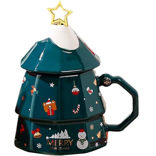 MAGICVOGEL Keramik Weihnachtstasse Niedliche 3D Weihnachtsbaum Form Kaffeebecher Weihnachtsbecher mit Rührstab Süße Kaffeetasse Geschenk für Weihnachten Geburtstag Neujahr (Grün) von MAGICVOGEL