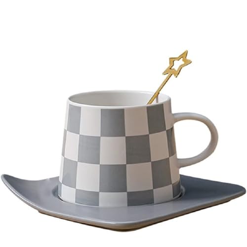 MAGICVOGEL Moderne Kaffeetasse mit Untertasse und Löffel 240ml Espressotassen-Set Keramik Cappuccino Tasse für Kaffee Cappuccino,Latte,Mokka,Macchiato,Tee (Grau) von MAGICVOGEL