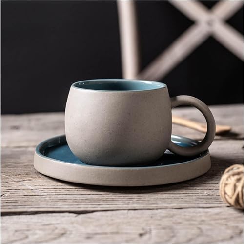 MAGICVOGEL Retro Kaffeetasse mit Untertasse aus Steingut Espressotasse 250ml dickwandige Teetasse matt Stil Keramiktasse Set für Kaffee Tee Kakao Espresso Cappuccino (Blau) von MAGICVOGEL