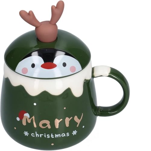 MAGICVOGEL Süße Weihnachtstasse mit 3D Hirschhorn 450ml Keramik Kaffeebecher weihnachtlichem Design Kaffeetasse mit Rührlöffel Geschenk für Familie & Kollegen (Grün- Marry Christmas) von MAGICVOGEL