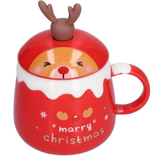 MAGICVOGEL Süße Weihnachtstasse mit 3D Hirschhorn 450ml Keramik Kaffeebecher weihnachtlichem Design Kaffeetasse mit Rührlöffel Geschenk für Familie & Kollegen (Rot-Marry Christmas) von MAGICVOGEL