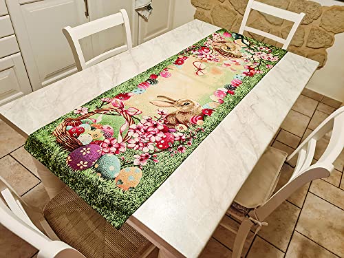 MAGIE DI CASA Tischdecke Ostern Gobelin - Frühling Sommer - ideal als Geschenk und Tischdekoration mit Ostermotiven - Made in Italy (Streifen cm. 40 x 100, GARDEN EASTER) von MAGIE DI CASA
