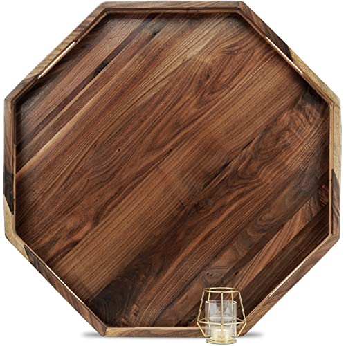 MAGIGO 66 cm extra großes, achteckiges schwarzes Walnussholz-Tablett mit Griffen, Serviertablett für Tee, Kaffee, klassisches dekoratives Serviertablett aus Holz von MAGIGO