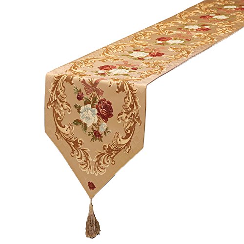 MAGILONA Home Tischdecke, dekorativ, luxuriös, Baumwollleinen, bestickt, 3D-Blumenmuster, Tischläufer mit Quaste, 33 x 204 cm, goldfarben von MAGILONA