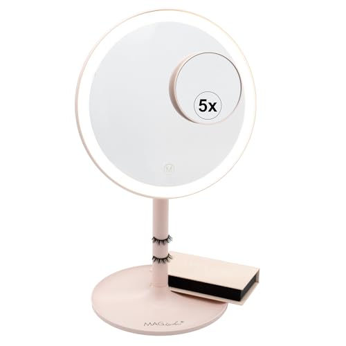 MAGLashes® LED Kosmetikspiegel rosa│1x/5x Vergrößerung, 2 Lichtfarben - dimmbar, 360 Grad drehbar, mit Akku (wiederaufladbar), 3-teilig zerlegbar - Reisespiegel speziell für Magnetwimpern von MAGLashes