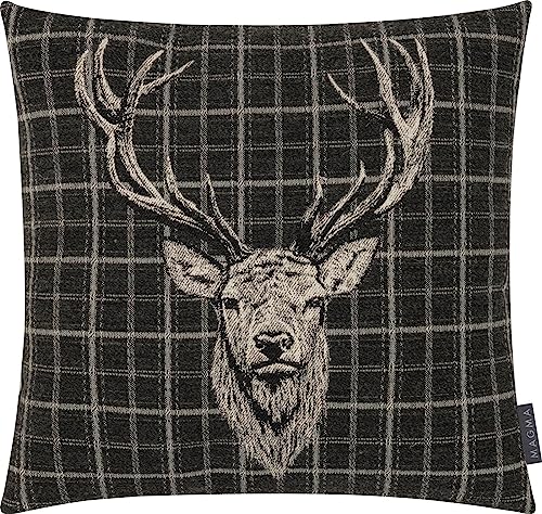 MAGMA Kissenhülle Kissenbezug Hirschkopf Hirsch Landhaus Vintage 45x45cm Burton Jacquard samtig kariert (Anthrazit) von MAGMA