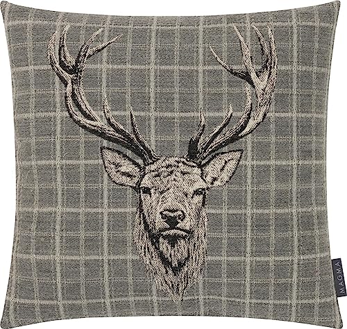 MAGMA Kissenhülle Kissenbezug Hirschkopf Hirsch Landhaus Vintage 45x45cm Burton Jacquard samtig kariert (Grau) von MAGMA