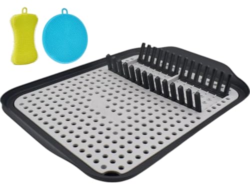 MAGMAHOME Zusammenklappbares Abtropfgestell aus langlebigem Kunststoff – Abtropfgestell über der Spüle mit klappbaren Gittern, Wassertank-Tablett, Abflusslöchern und zwei Silikonschwämmen. von MAGMAHOME