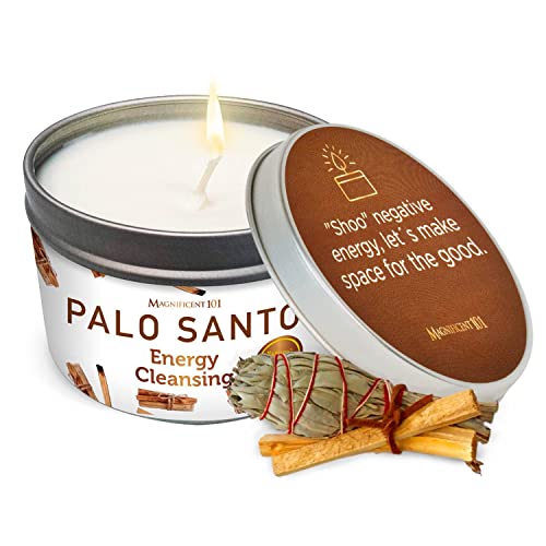 Magnificent 101 Palo Santo Smudge Kerze für Zuhause, Energiereinigung, Aromatherapie und Chakra-Heilung, natürliches Sojawachs, ätherische Öle, 170 g Dosenhalter von MAGNIFICENT 101