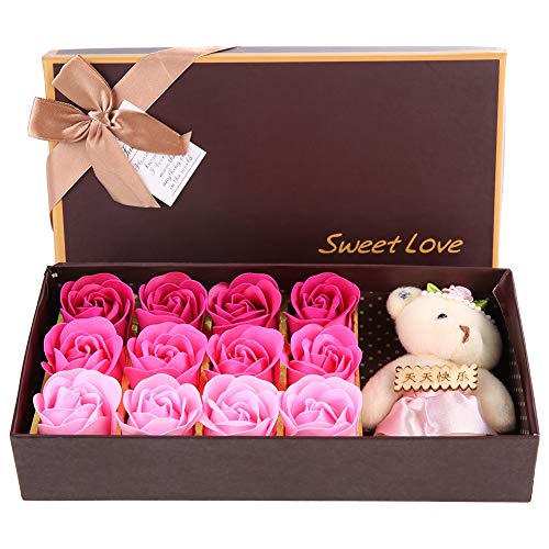 MAGT Seife Rose Blume, 12 Stück Wunderschön Rosen Blumen Seife Blumen mit Rosenbär und Geschenkbox für Romantisches Valentinstagsgeschenk(Rosa) von MAGT