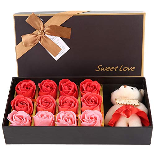 MAGT Seife Rose Blume, 12 Stück Wunderschön Rosen Blumen Seife Blumen mit Rosenbär und Geschenkbox für Romantisches Valentinstagsgeschenk(Rot) von MAGT