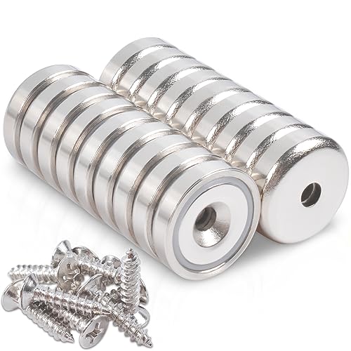 MAGXCENE 18 Stück Neodym Magnete Extra Stark 10 KG Kraft 20 X 7 mm mit Loch und Kapsel, Senkkopf-Topfmagnet mit Schrauben und Stahlkissen, Magnete Stark für Küchen, Badezimmer, Büros, Schule von MAGXCENE