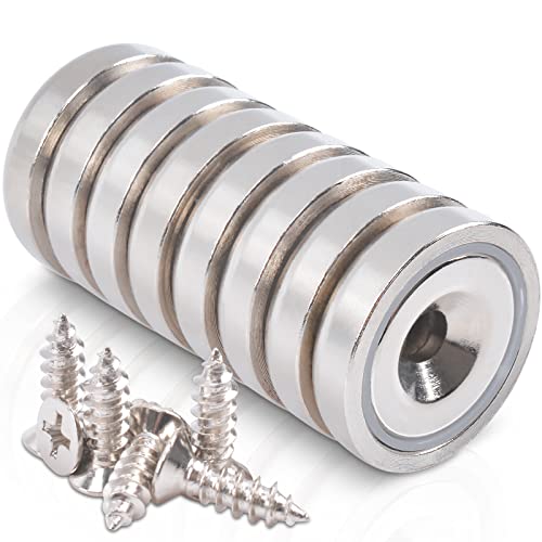 MAGXCENE 8 Stück Magnete Stark 25 X 7 mm, Neodym Magnete Extra Stark 20 KG Kraft mit Loch und Kapsel, Senkkopf-Topfmagnet mit Schrauben, Magnete Stark für Küchen, Badezimmer, Büros, Schule von MAGXCENE