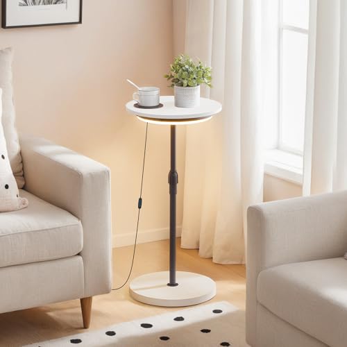 MAHANCRIS Runder Beistelltisch, Sofatisch, Nachttisch, 48,5-66 cm höhenverstellbarer Couchtisch mit LED-Leuchten und Untersetzer, Cocktailtisch, für kleine Räume, Sofaende, Weiß und Schwarz AETHW32E01 von MAHANCRIS