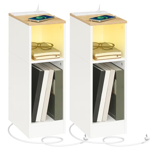 MAHANCRIS Beistelltische mit Ladestation, 2er-Set, Nachttische mit Sensor-LED-Licht, Couchtische, für Kleine Räume, Wohnzimmer, Schlafzimmer, Braun und Weiß AETNW25UE01S2N1 von MAHANCRIS