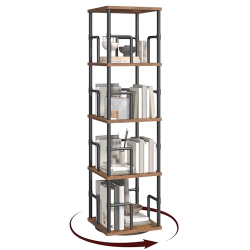 MAHANCRIS Bücherregal mit 4 Ebenen, Drehregal Regal mit Buchstützen, 30 x 30 x 127,5 cm, Standregal für Kleine Räume, Industrie-Design, für Wohnzimmer, Schlafzimmer, Braun und Schwarz ABKHR1501 von MAHANCRIS