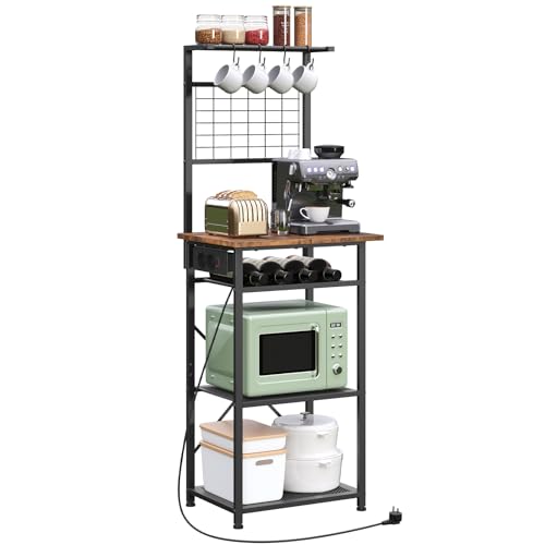 MAHANCRIS Küchenregal mit Steckdosen, Standregal, Bäckerregal, 35 x 48 x 135 cm, 4 S-Haken, Kaffeebar-Station mit Flaschenhalter und Haken, Vintagebraun und Schwarz ABRHR23UE01 von MAHANCRIS