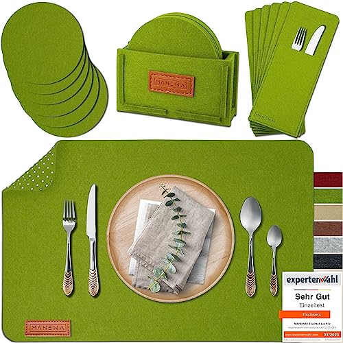 MAHEWA® 6er Set Premium Filz Tischset Platzset mit 6X Glasuntersetzer 1x Halter und 6X Bestecktaschen rutschfest Ab-waschbar Gras-Grün von MAHEWA