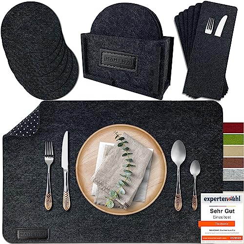 MAHEWA® 6er Set Premium Filz Tischset Platzset mit 6X Glasuntersetzer 1x Halter und 6X Bestecktaschen rutschfest Ab-waschbar Anthrazit Grau von MAHEWA