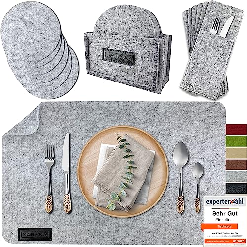 MAHEWA® 6er Set Premium Filz Tischset Platzset mit 6x Glasuntersetzer 1x Halter und 6x Bestecktaschen Rutschfest Ab-waschbar Waschmaschinenfest Eckige Platzdeckchen Teller-Untersetzer Filzset Hellgrau von MAHEWA