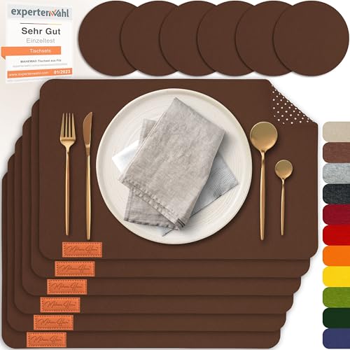 MAHEWA® 6er Set Premium Tischset Platzset aus Filz rutschfest Ab-waschbar und Waschmaschinenfest Eckige Platzdeckchen Teller-Untersetzer Filzset Tisch-Matten Platz-Matten (Braun, 6er Set) von MAHEWA