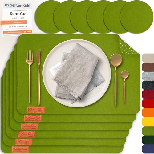 MAHEWA® 6er Set Premium Tischset Platzset aus Filz rutschfest Ab-waschbar und Waschmaschinenfest Eckige Platzdeckchen Teller-Untersetzer Filzset Tisch-Matten Platz-Matten (Grasgrün, 6er Set) von MAHEWA