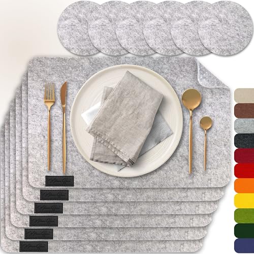 MAHEWA® 6er Set Premium Tischset Platzset aus Filz rutschfest Ab-waschbar und Waschmaschinenfest Eckige Platzdeckchen Teller-Untersetzer Filzset Tisch-Matten Platz-Matten (Hellgrau, 6er Set) von MAHEWA