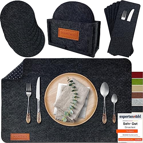 MAHEWA® 6er Set Premium Filz Tischset Platzset mit 6X Glasuntersetzer 1x Halter und 6X Bestecktaschen rutschfest Ab-waschbar Anthrazit 6er Set mit Zubehör von MAHEWA