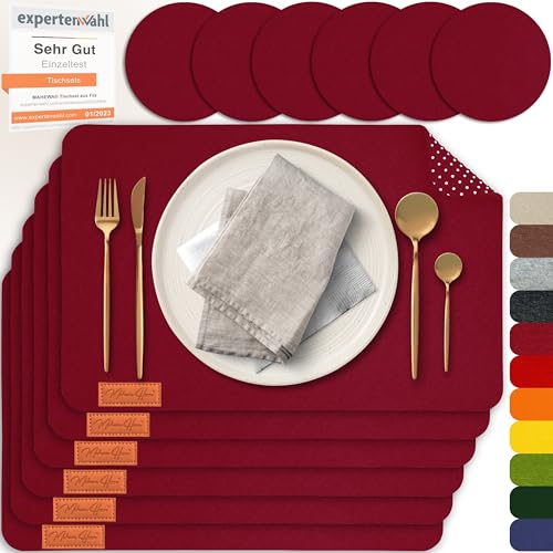 MAHEWA 6er Set Premium Tischset Platzset aus Filz rutschfest Ab-waschbar und Waschmaschinenfest Eckige Platzdeckchen Teller-Untersetzer Filzset Tisch-Matten Platz-Matten (Bordeaux, 6er Set) von MAHEWA