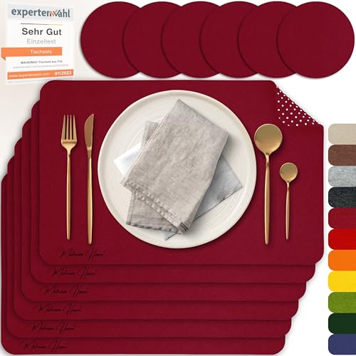 MAHEWA 6er Set Premium Tischset Platzset aus Filz rutschfest Ab-waschbar und Waschmaschinenfest Eckige Platzdeckchen Teller-Untersetzer Filzset Tisch-Matten Platz-Matten (Bordeaux/Schwarz, 6er Set) von MAHEWA