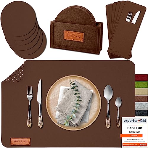 MAHEWA® 6er Set Premium Filz Tischset Platzset mit 6X Glasuntersetzer 1x Halter und 6X Bestecktaschen rutschfest Ab-waschbar Dunkel-Braun von MAHEWA