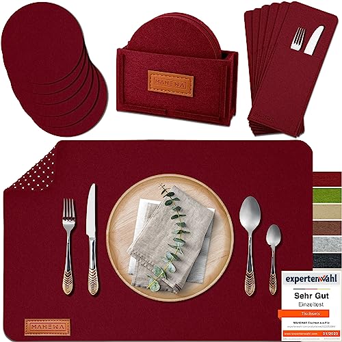 MAHEWA® 6er Set Premium Filz Tischset Platzset mit 6X Glasuntersetzer 1x Halter und 6X Bestecktaschen rutschfest Ab-waschbar Bordeaux Rot 6er mit Zubehör von MAHEWA