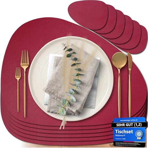 Mahewa® 6er Set Premium Tischset aus Kunstleder - Platzset abwaschbar und wasserdicht - Platzdeckchen Telleruntersetzer in Lederoptik (Bordeaux, Oval) von MAHEWA