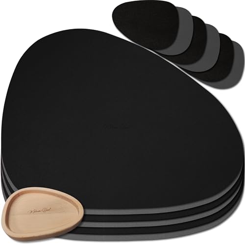 Mahewa® 6er Set Premium Tischset aus Kunstleder - Platzset abwaschbar und wasserdicht - Platzdeckchen Telleruntersetzer in Lederoptik (Dunkelgrau/Schwarz, Oval mit Halter) von MAHEWA