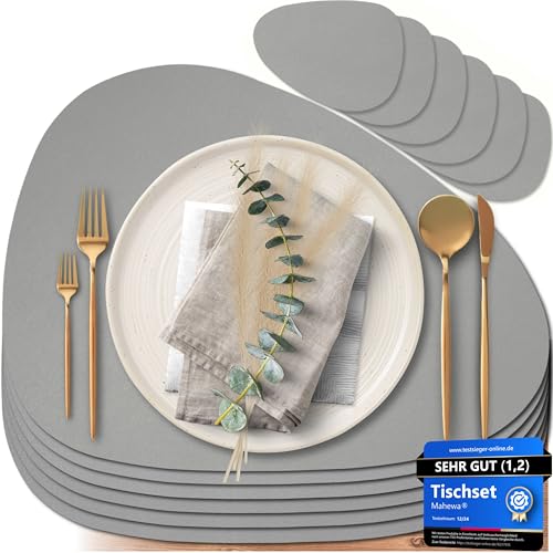 Mahewa® 6er Set Premium Tischset aus Kunstleder - Platzset abwaschbar und wasserdicht - Platzdeckchen Telleruntersetzer in Lederoptik (Hellgrau, Oval) von MAHEWA