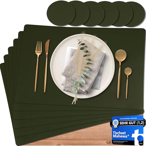 Mahewa® 6er Set Premium Tischset aus Kunstleder - Platzset abwaschbar und wasserdicht - Platzdeckchen Telleruntersetzer in Lederoptik (Olivgrün, Eckig) von MAHEWA