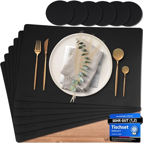 Mahewa® 6er Set Premium Tischset aus Kunstleder - Platzset abwaschbar und wasserdicht - Platzdeckchen Telleruntersetzer in Lederoptik (Schwarz, Eckig) von MAHEWA