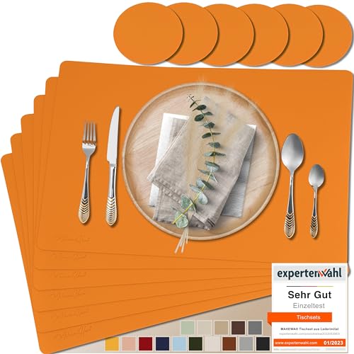 Mahewa® 6er Set Premium Tischset aus Leder-Imitat - Kunstleder Platzset abwaschbar und wasserdicht - Platzdeckchen Telleruntersetzer in Lederoptik (Eckig, Orange) von MAHEWA