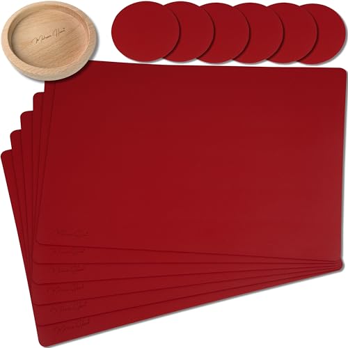 Mahewa® 6er Set Premium Tischset aus Kunstleder - Platzset abwaschbar und wasserdicht - Platzdeckchen Telleruntersetzer in Lederoptik (Bordeaux, Eckig mit Halter) von MAHEWA