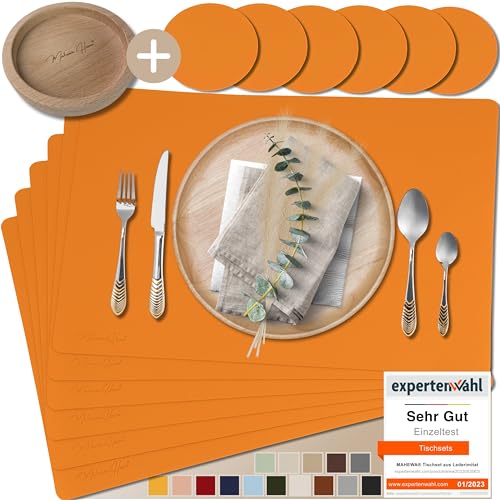 Mahewa® 6er Set Premium Tischset aus Leder-Imitat - Kunstleder Platzset abwaschbar und wasserdicht - Platzdeckchen Telleruntersetzer in Lederoptik (Eckig mit Holzhalter, Orange) von MAHEWA