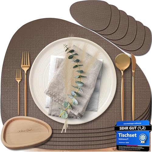 Mahewa® 6er Set Premium Tischset aus Kunstleder - Platzset abwaschbar und wasserdicht - Platzdeckchen Telleruntersetzer in Lederoptik (Kupfer/Holzkohle, Oval mit Halter) von MAHEWA