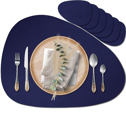 Mahewa® 6er Set Premium Tischset aus Leder-Imitat - Kunstleder Platzset abwaschbar und wasserdicht - Platzdeckchen Telleruntersetzer in Lederoptik (Oval, Dunkelblau) von MAHEWA