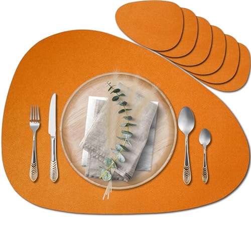 Mahewa® 6er Set Premium Tischset aus Leder-Imitat - Kunstleder Platzset abwaschbar und wasserdicht - Platzdeckchen Telleruntersetzer in Lederoptik (Oval, Orange) von MAHEWA