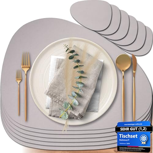 Mahewa® 6er Set Premium Tischset aus Kunstleder - Platzset abwaschbar und wasserdicht - Platzdeckchen Telleruntersetzer in Lederoptik (Taupe, Oval) von MAHEWA