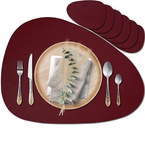 Mahewa® 6er Set Premium Tischset aus Leder-Imitat - Kunstleder Platzset abwaschbar und wasserdicht - Platzdeckchen Telleruntersetzer in Lederoptik (Oval, Weinrot) von MAHEWA