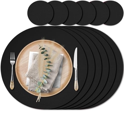 Mahewa® 6er Set Premium Tischset aus Leder-Imitat - Kunstleder Platzset abwaschbar und wasserdicht - Platzdeckchen Telleruntersetzer in Lederoptik (Rund, Schwarz) von MAHEWA