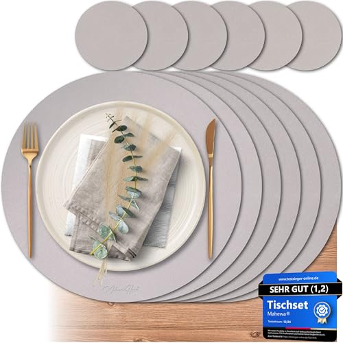 Mahewa® 6er Set Premium Tischset aus Kunstleder - Platzset abwaschbar und wasserdicht - Platzdeckchen Telleruntersetzer in Lederoptik (Taupe, Rund) von MAHEWA