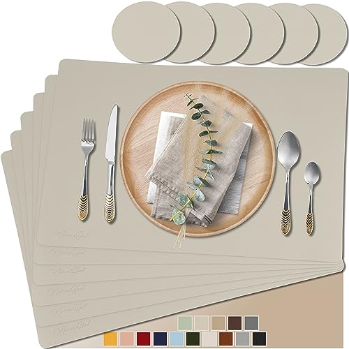 Mahewa® 6er Set Premium Tischset aus Leder-Imitat - Kunstleder Platzset abwaschbar und wasserdicht - Platzdeckchen Telleruntersetzer in Lederoptik Greige von MAHEWA