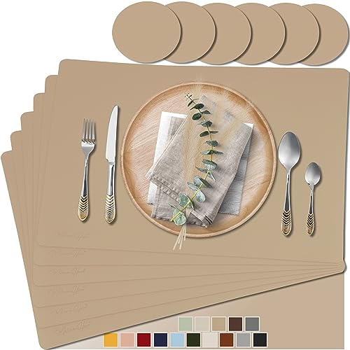 Mahewa® 6er Set Premium Tischset aus Leder-Imitat - Kunstleder Platzset abwaschbar und wasserdicht - Platzdeckchen Telleruntersetzer in Lederoptik Hellbraun von MAHEWA